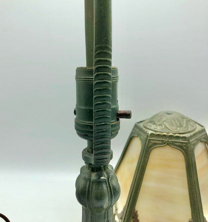 1920s Slag Glass Panel & Spelter Metal Lamp /b