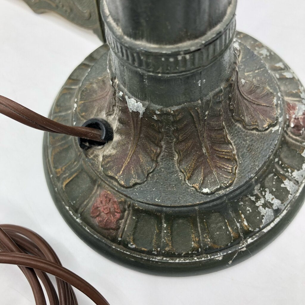 1920s Slag Glass Panel & Spelter Metal Lamp /b