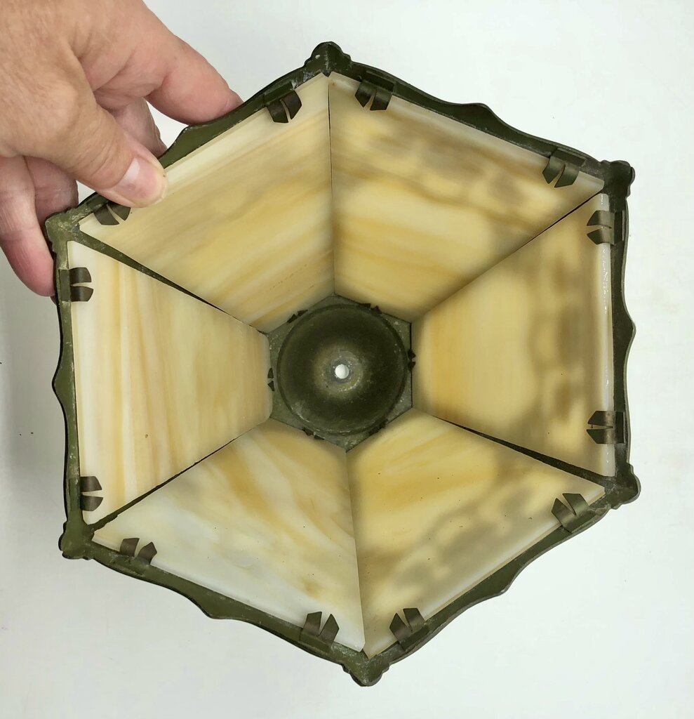 1920s Slag Glass Panel & Spelter Metal Lamp /b