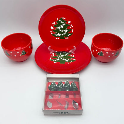 Waechtersbach Germany Red Christmas Tree Pieces - 10” Plate, 8” Plate, 2 Cereal Bowls & 4 Pc Hostess Set /cb