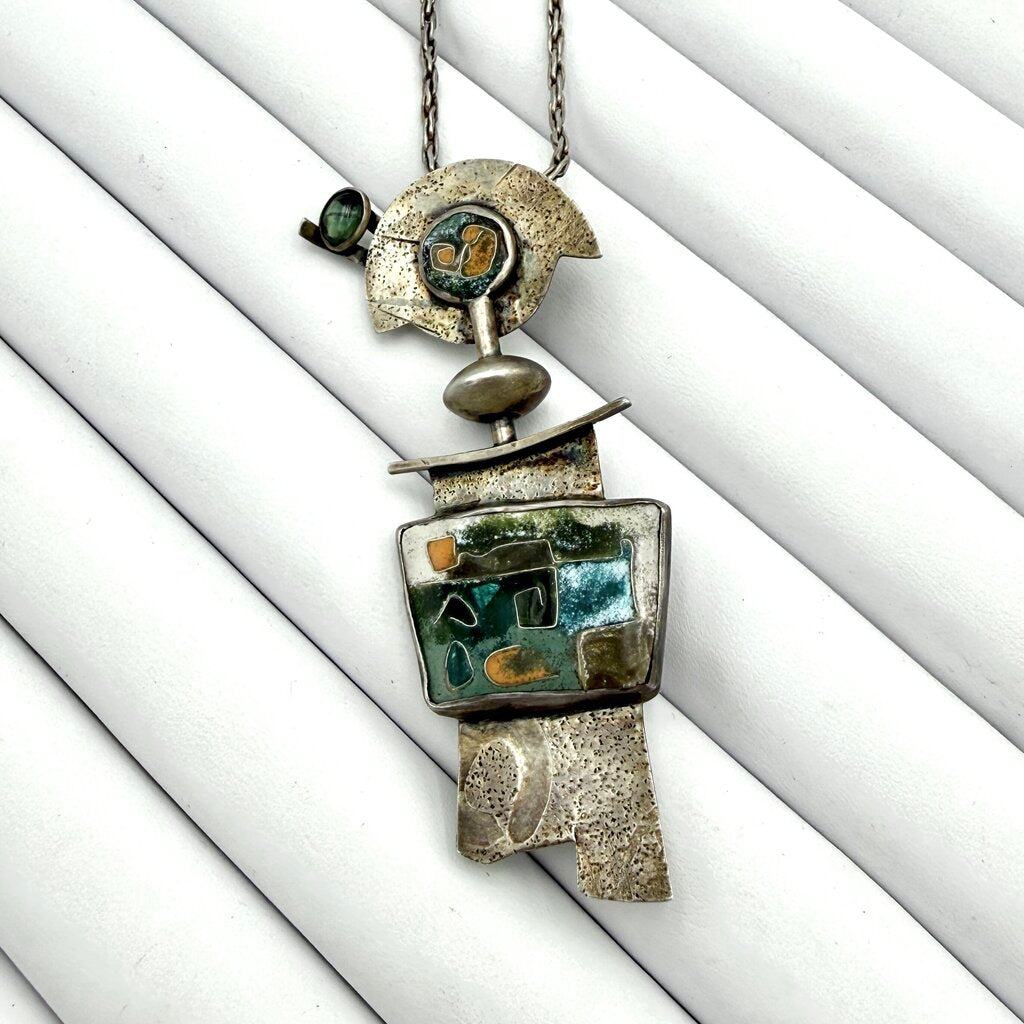 VTG Signed Abstract 14K Gold And Sterling Silver Pin/Necklace