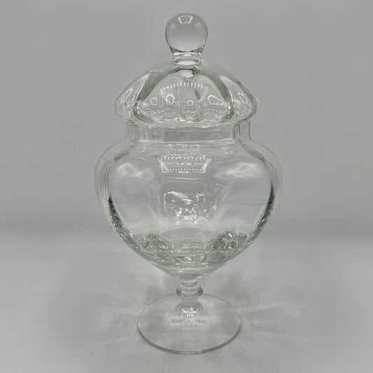 Vintage Clear Glass Apothecary Jar With Lid-Fluted Pedestal Candy Dish & Decorative Storage 10 1/2” /cb
