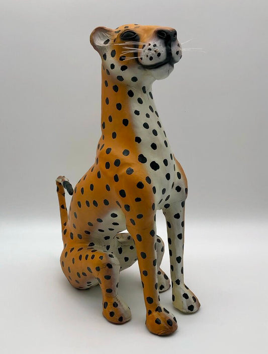 Vtg Hand Painted Leather Cheetah 17” Figurine /b