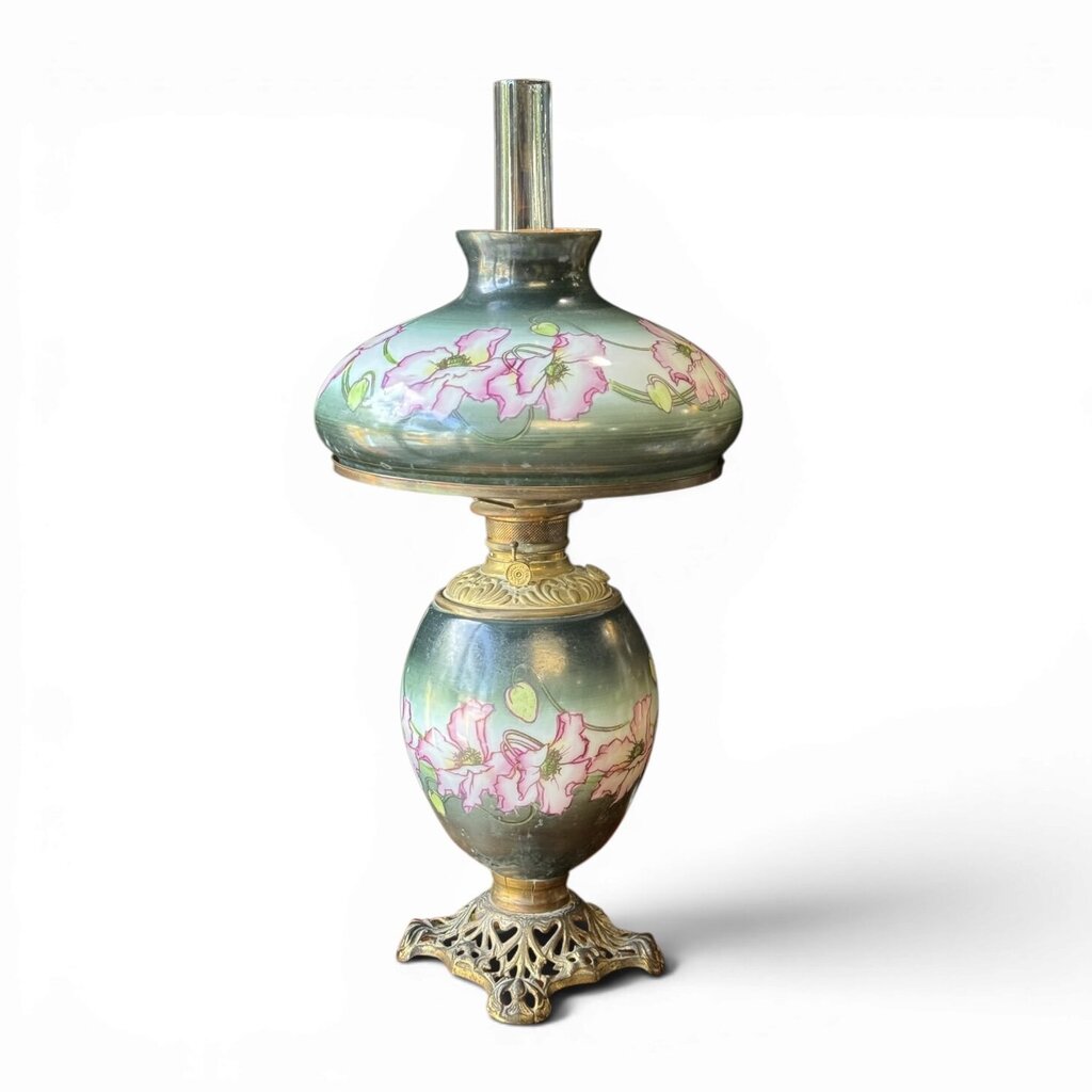 Antique Dark Green And Pink Floral Parlor Lamp