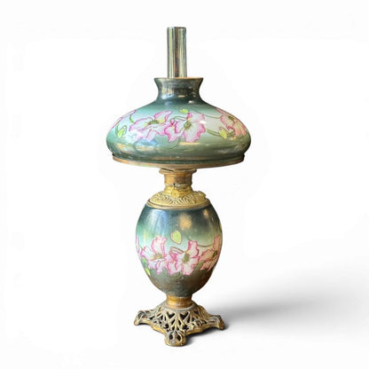 Antique Dark Green And Pink Floral Parlor Lamp
