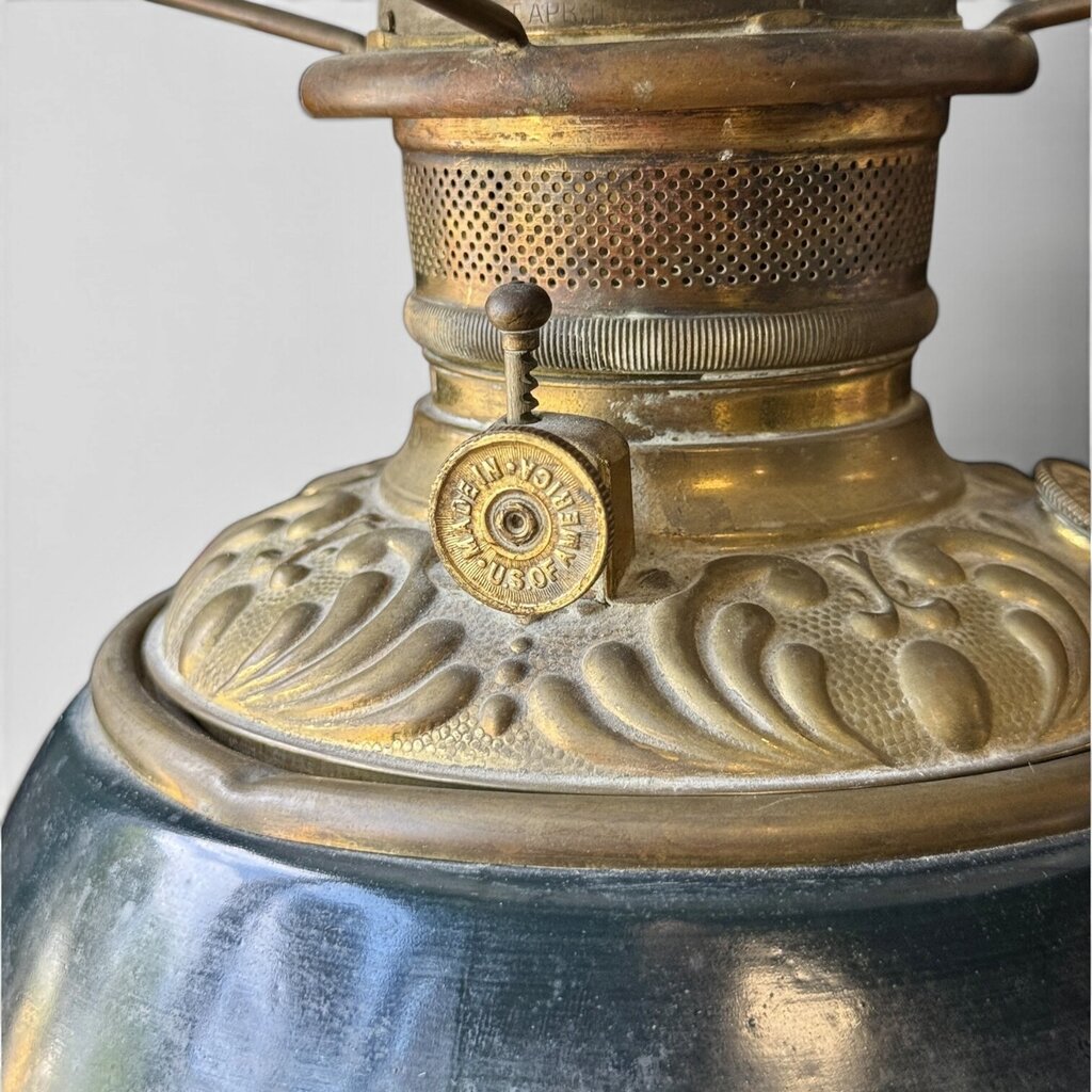 Antique Dark Green And Pink Floral Parlor Lamp