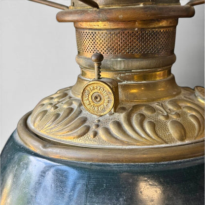 Antique Dark Green And Pink Floral Parlor Lamp