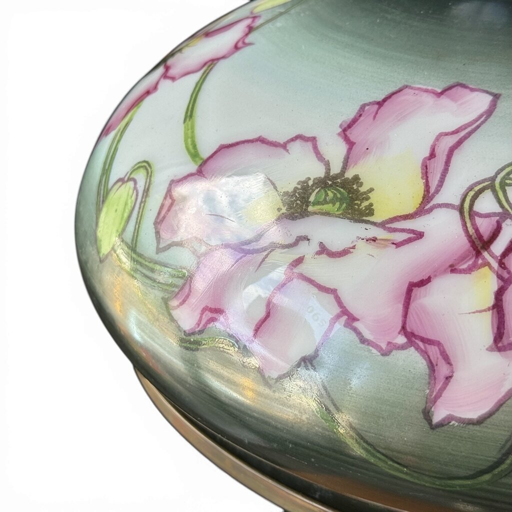 Antique Dark Green And Pink Floral Parlor Lamp