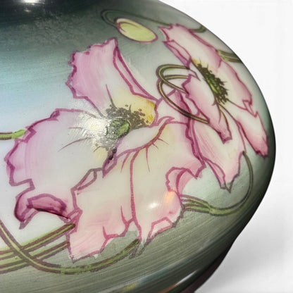 Antique Dark Green And Pink Floral Parlor Lamp