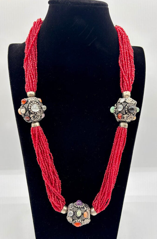 Vtg. Tibetan Style Necklace w/ Coral Colored Glass Beads and 3 Large Silver Toned Beads /j