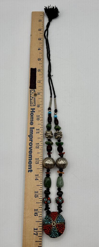 Vtg. Tibetan Style Boho Beaded Necklace with Turquoise and Coral Beads and Other Stone & Silver Toned Beads /j