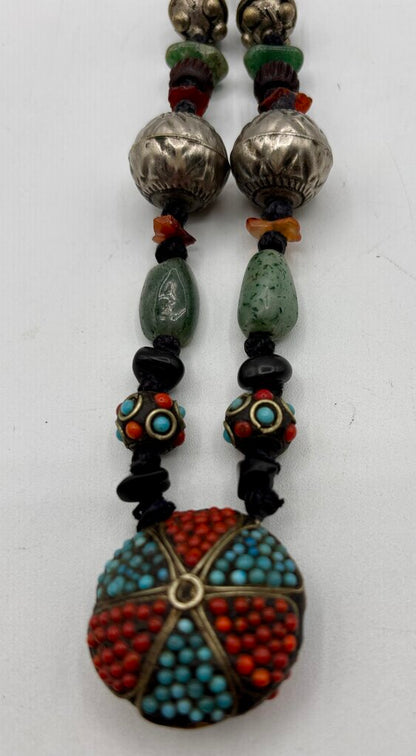 Vtg. Tibetan Style Boho Beaded Necklace with Turquoise and Coral Beads and Other Stone & Silver Toned Beads /j
