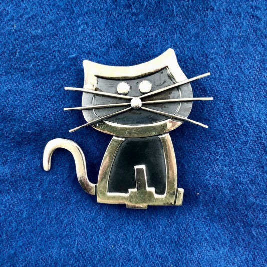 Vtg Sterling Silver Whiskered Cat Brooch /b