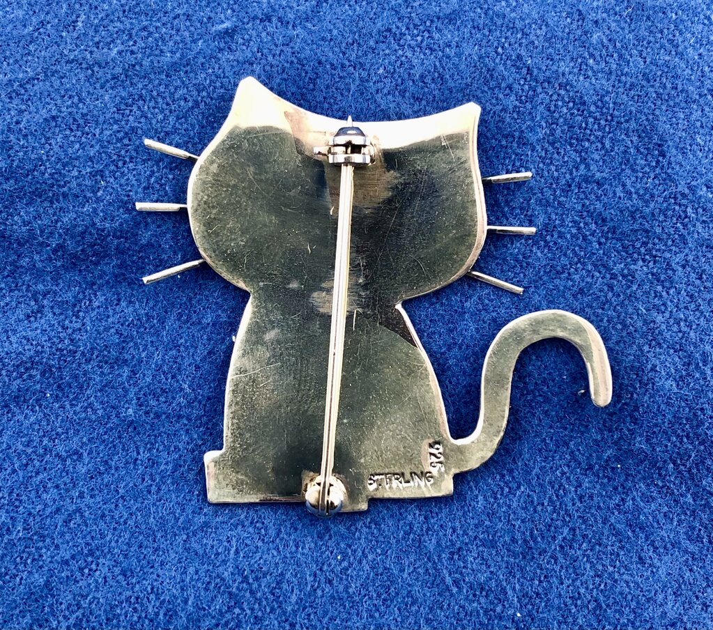 Vtg Sterling Silver Whiskered Cat Brooch /b