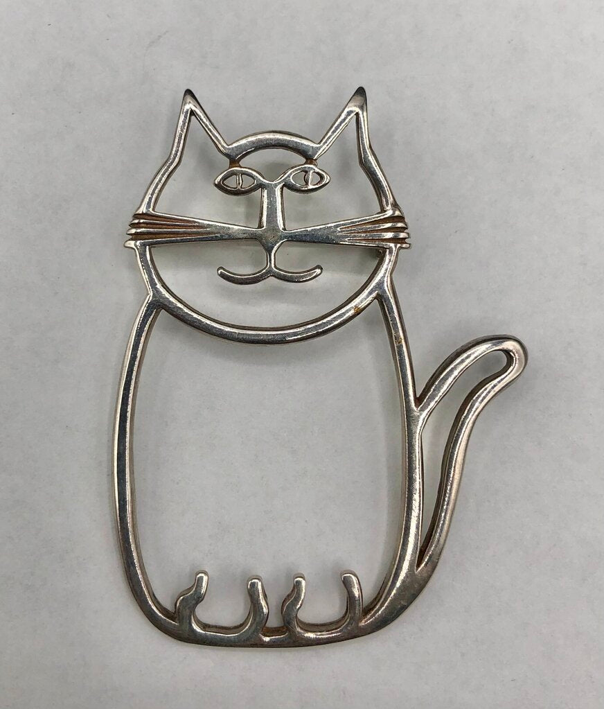 Vtg Navajo Belinda Woody Sterling Silver Cat Brooch /b