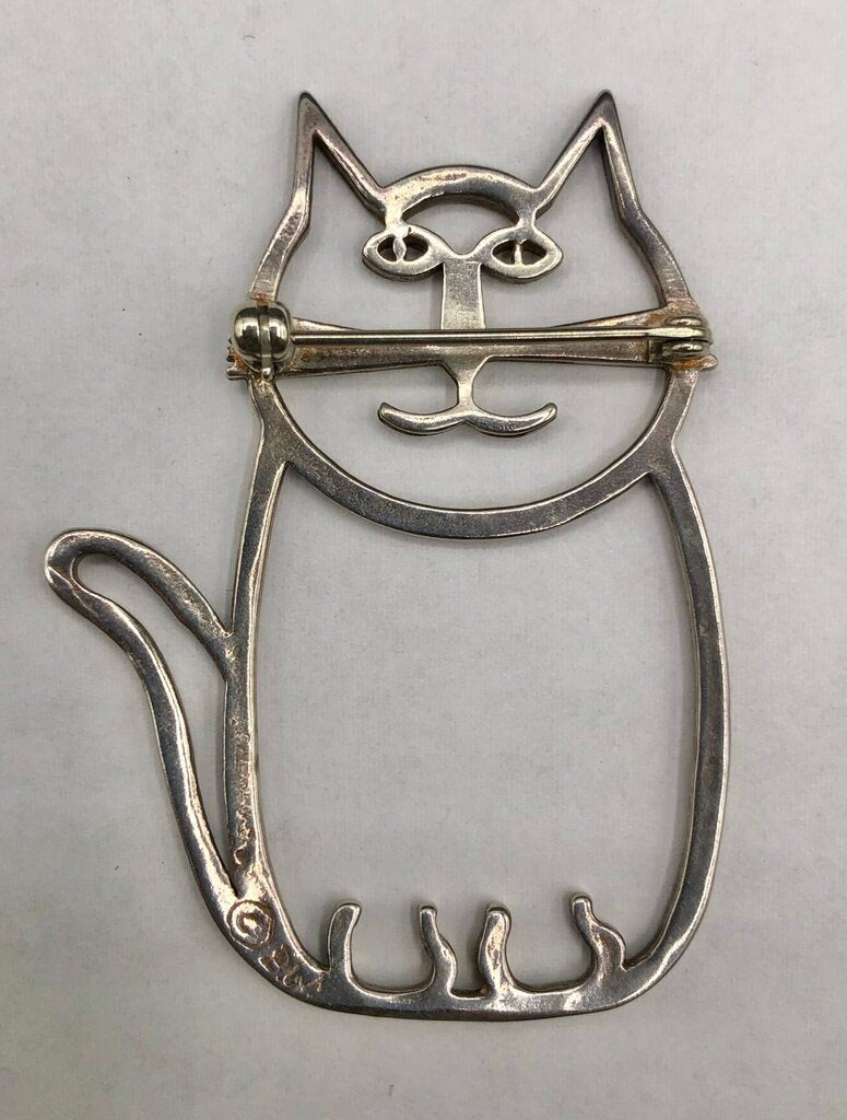 Vtg Navajo Belinda Woody Sterling Silver Cat Brooch /b