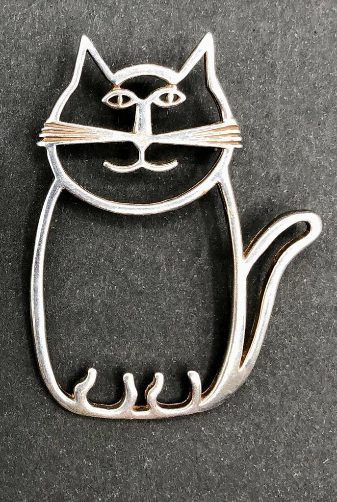 Vtg Navajo Belinda Woody Sterling Silver Cat Brooch /b