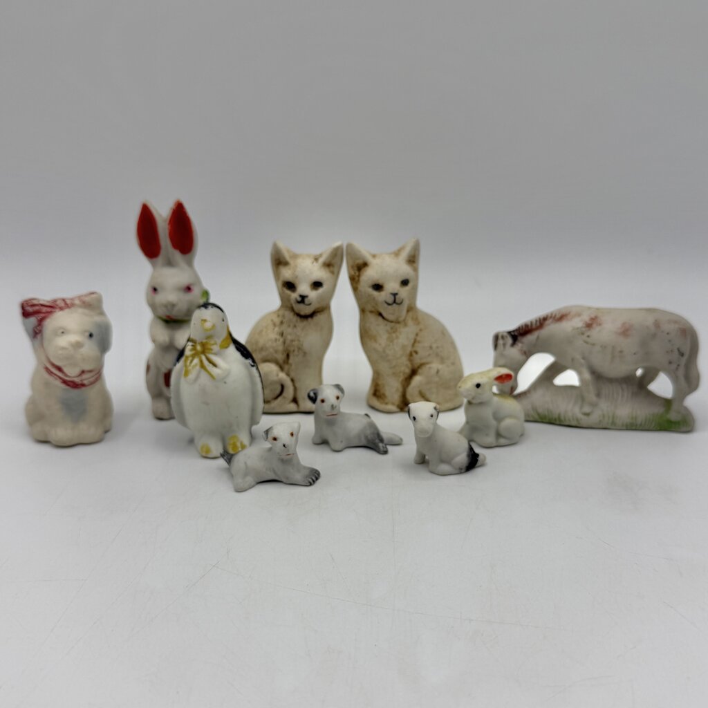 Lot Of 10 Vintage Miniature Bisque Animal Figurines Dog Bunny Cat Horse Penguin /cb