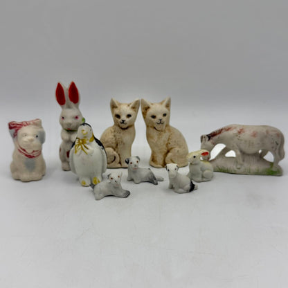 Lot Of 10 Vintage Miniature Bisque Animal Figurines Dog Bunny Cat Horse Penguin /cb