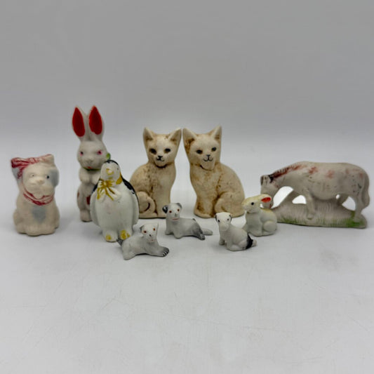 Lot Of 10 Vintage Miniature Bisque Animal Figurines Dog Bunny Cat Horse Penguin /cb