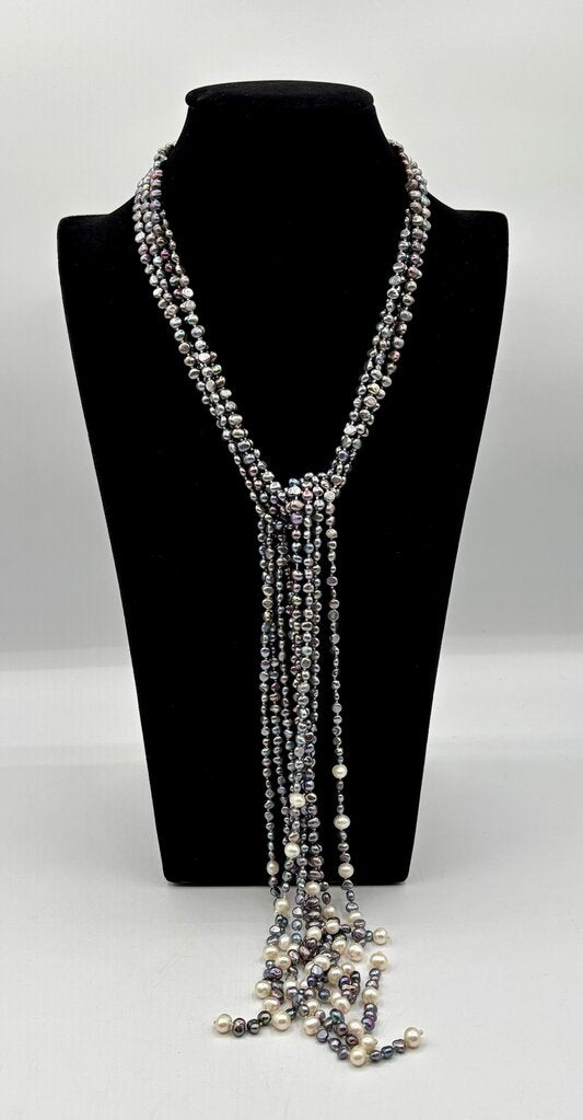 Lariat Necklace with 4 Strands of Grey & White Fresh Water Pearls /j