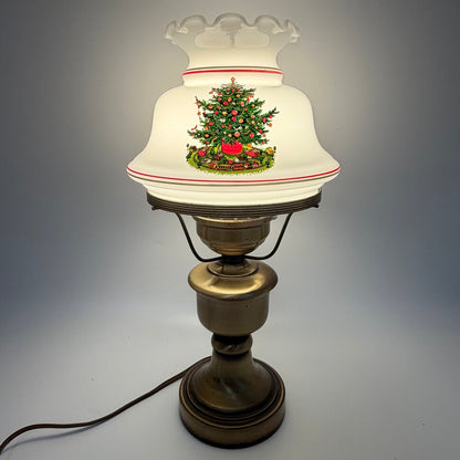 Vintage Brass Hurricane Parlor Lamp w/White Glass Ruffled Christmas Tree Shade 14 1/2” /cb