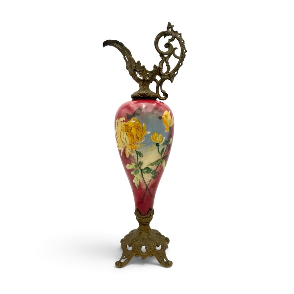 Antique Hand Painted Yellow and Red Floral Milk Glass w/ Brass Accents Ewer