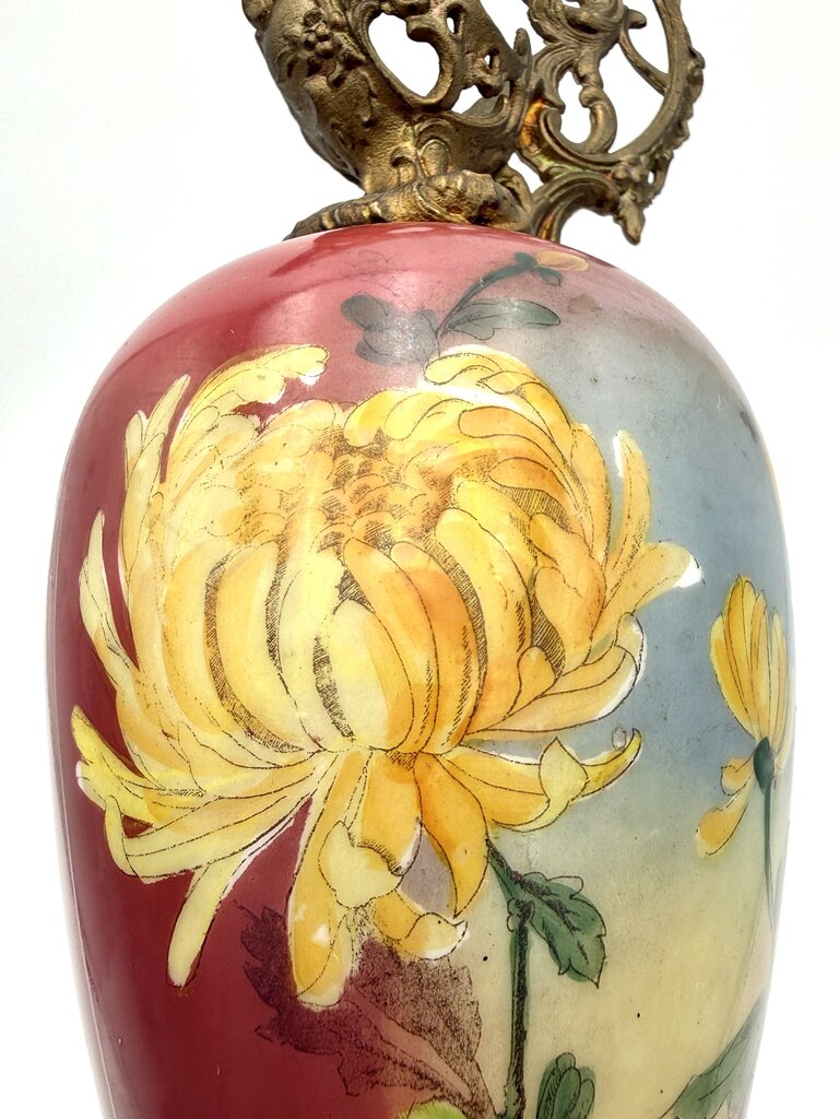 Antique Hand Painted Yellow and Red Floral Milk Glass w/ Brass Accents Ewer