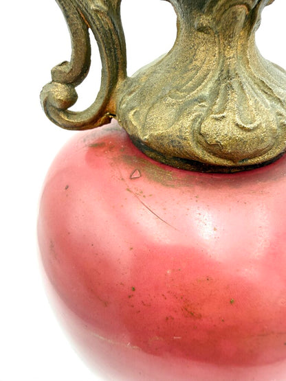 Antique Hand Painted Yellow and Red Floral Milk Glass w/ Brass Accents Ewer