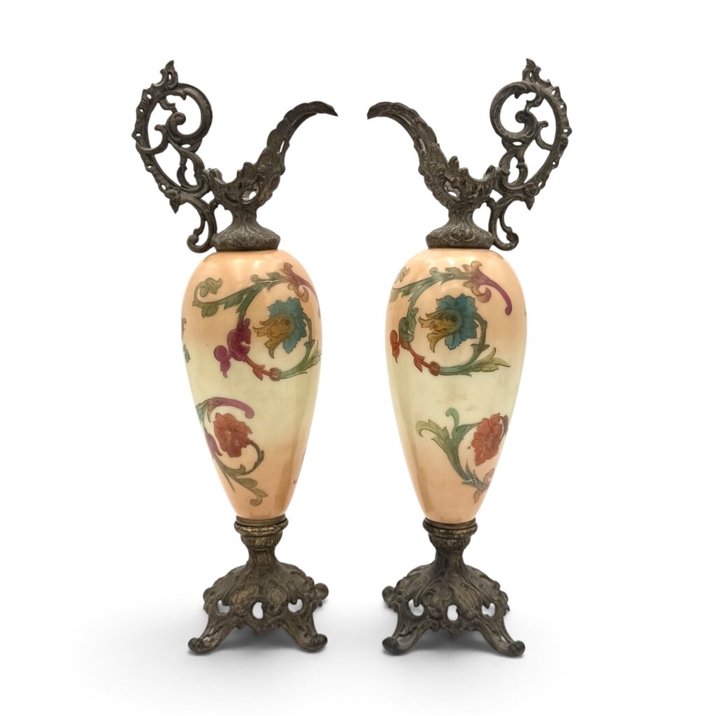 Antique Pair Of Hand Painted Floral Milk Glass w/ Brass Accents Ewers