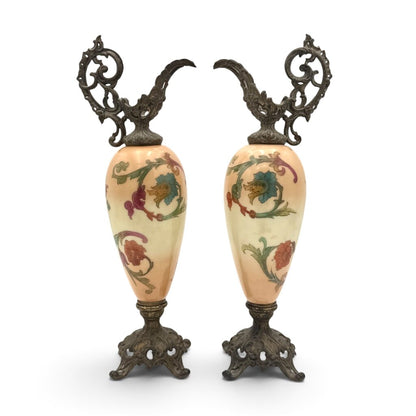 Antique Pair Of Hand Painted Floral Milk Glass w/ Brass Accents Ewers