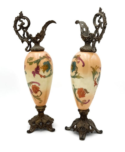 Antique Pair Of Hand Painted Floral Milk Glass w/ Brass Accents Ewers