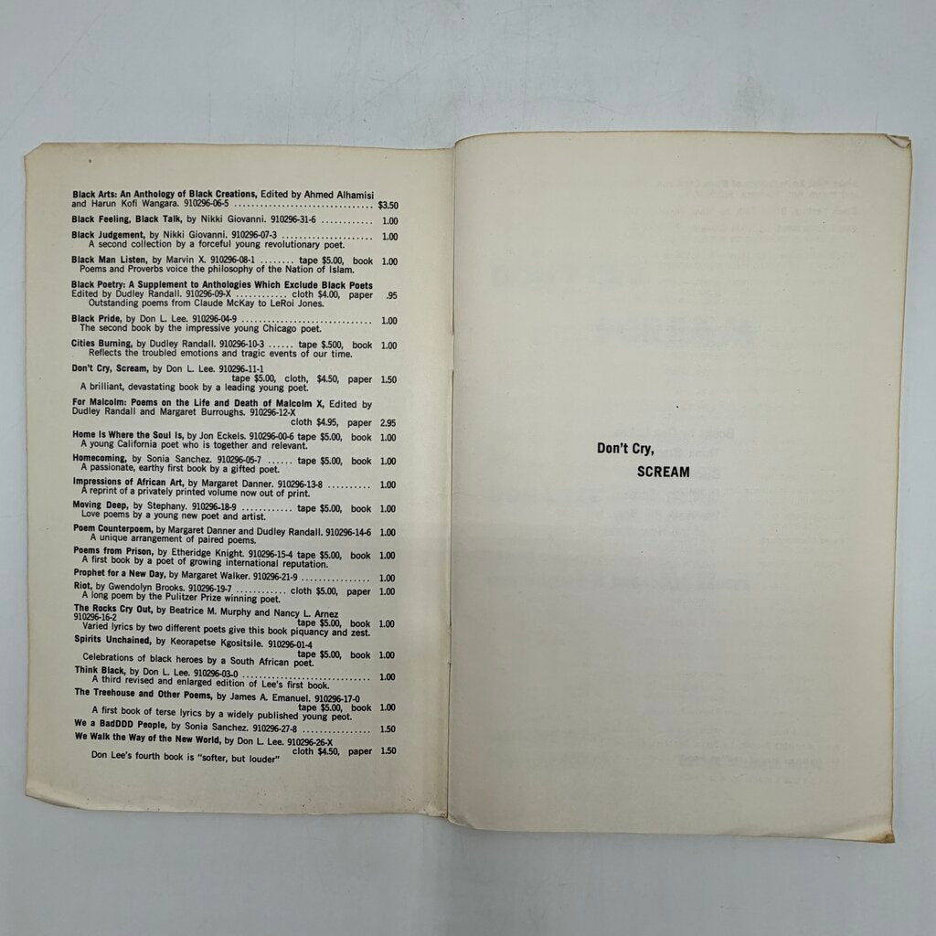 Black Words That Say: Don’t Cry, Scream By Don L. Lee Paperback 1970 Broadside Press /cb