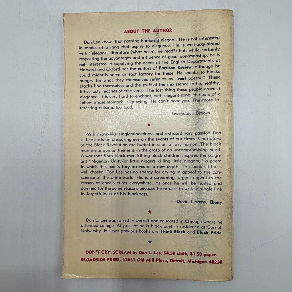 Black Words That Say: Don’t Cry, Scream By Don L. Lee Paperback 1970 Broadside Press /cb