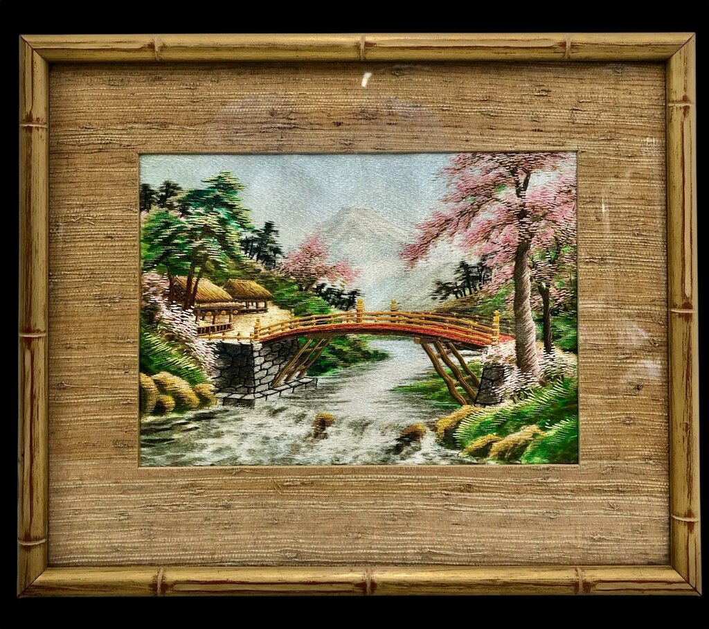 Vtg Japanese Silk Embroidery Mt. Fuji Landscape /b