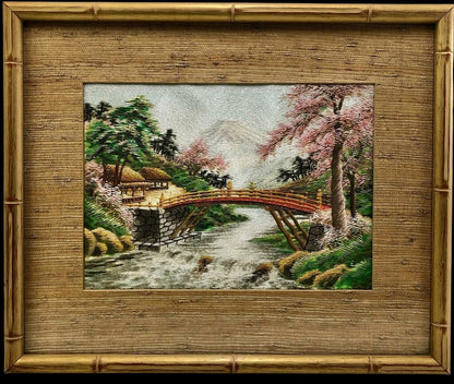 Vtg Japanese Silk Embroidery Mt. Fuji Landscape /b