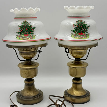 Vintage Pair Of Brass Hurricane Parlor Lamp w/White Glass Ruffled Christmas Tree Shades 14 1/2” /cb