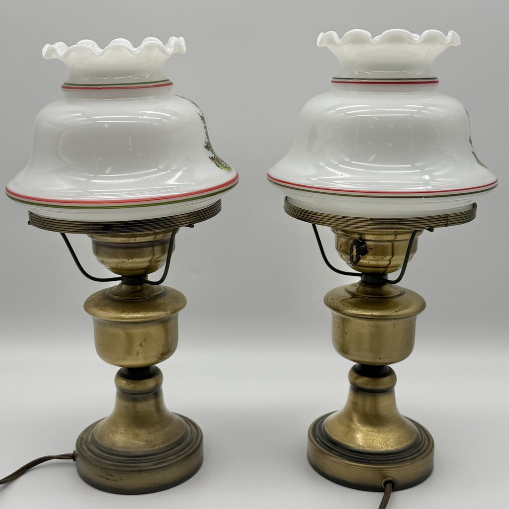 Vintage Pair Of Brass Hurricane Parlor Lamp w/White Glass Ruffled Christmas Tree Shades 14 1/2” /cb