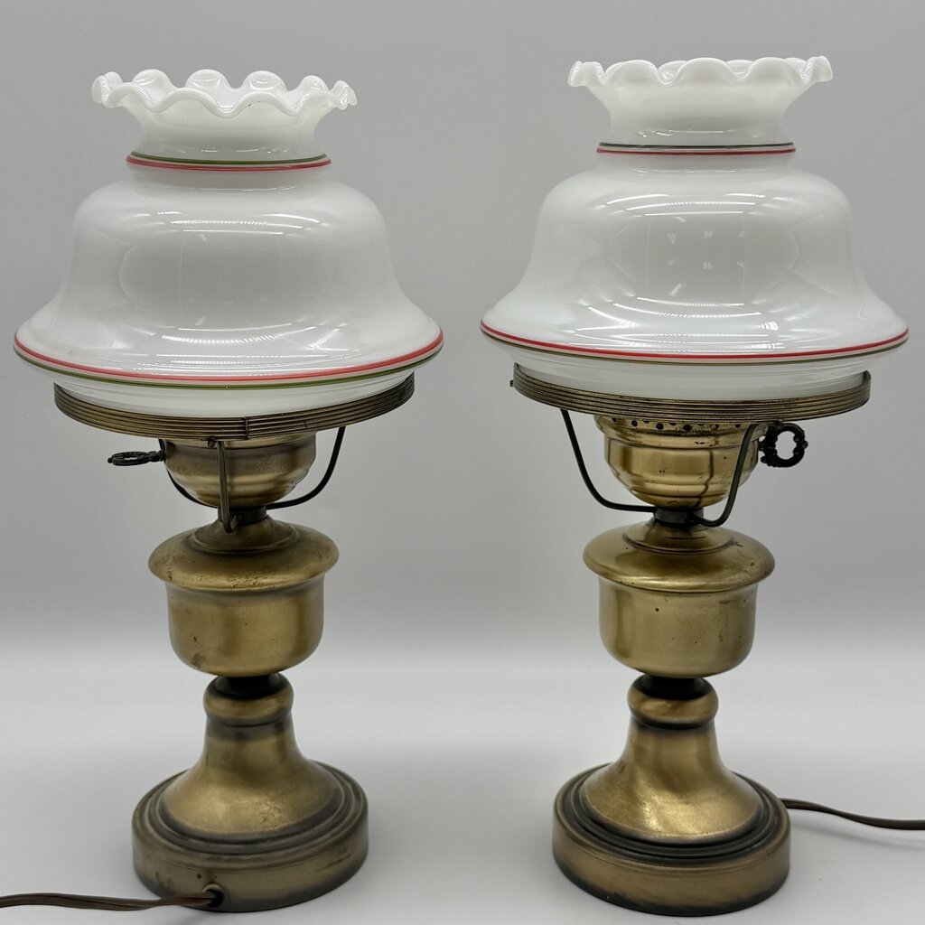 Vintage Pair Of Brass Hurricane Parlor Lamp w/White Glass Ruffled Christmas Tree Shades 14 1/2” /cb