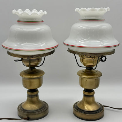 Vintage Pair Of Brass Hurricane Parlor Lamp w/White Glass Ruffled Christmas Tree Shades 14 1/2” /cb
