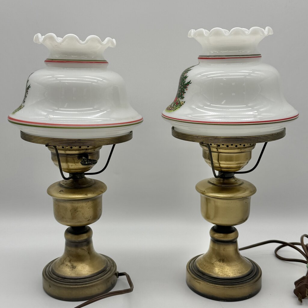 Vintage Pair Of Brass Hurricane Parlor Lamp w/White Glass Ruffled Christmas Tree Shades 14 1/2” /cb
