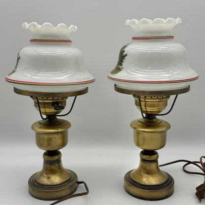 Vintage Pair Of Brass Hurricane Parlor Lamp w/White Glass Ruffled Christmas Tree Shades 14 1/2” /cb