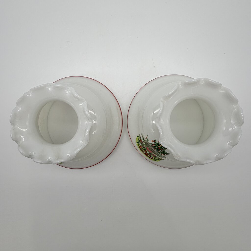 Vintage Pair Of Brass Hurricane Parlor Lamp w/White Glass Ruffled Christmas Tree Shades 14 1/2” /cb