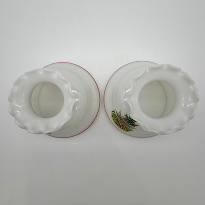 Vintage Pair Of Brass Hurricane Parlor Lamp w/White Glass Ruffled Christmas Tree Shades 14 1/2” /cb