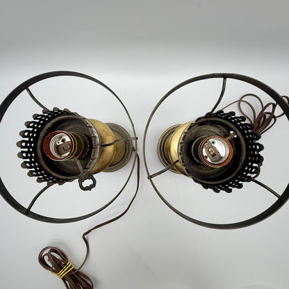 Vintage Pair Of Brass Hurricane Parlor Lamp w/White Glass Ruffled Christmas Tree Shades 14 1/2” /cb