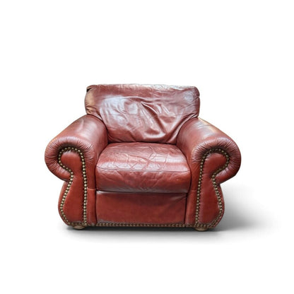 Red Leather Armchair With Brass Upholstery Tacks