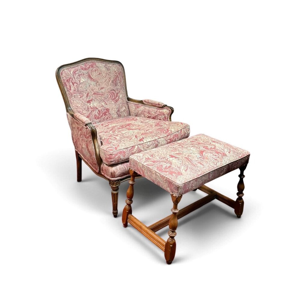 Red And Blue Marble Print Chair With Ottoman