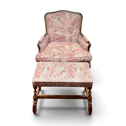 Red And Blue Marble Print Chair With Ottoman