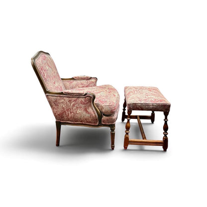 Red And Blue Marble Print Chair With Ottoman