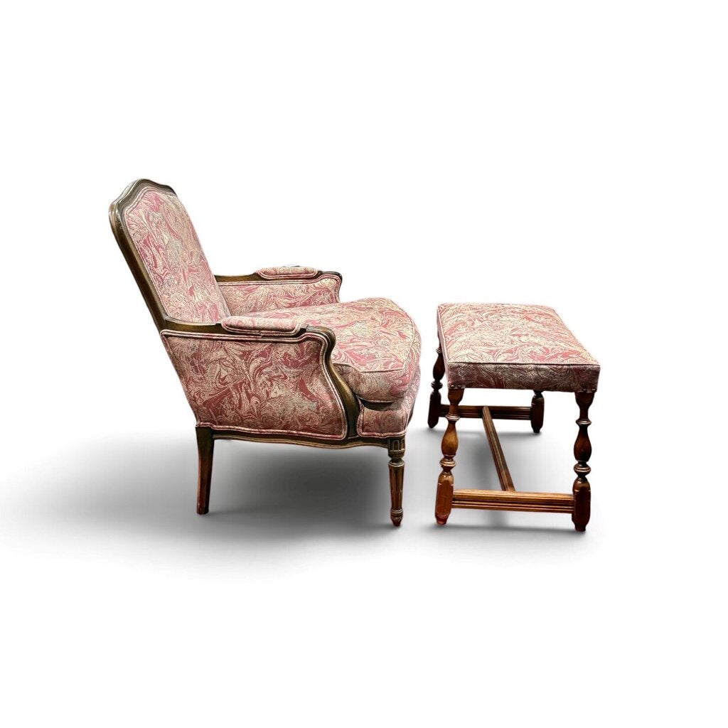 Red And Blue Marble Print Chair With Ottoman